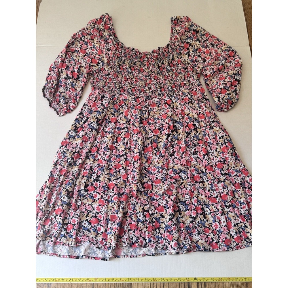 Terra & Sky Floral Smocked Mini Dress Womens 2x Square Neck 3/4 Sleeve - Picture 6 of 13
